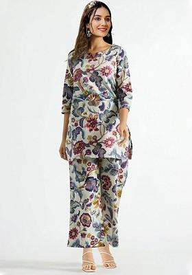 White Floral Printed Notched Neck Top With Palazzo