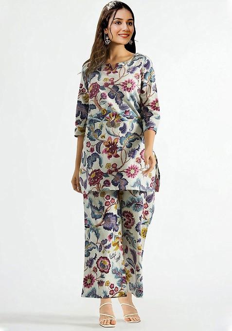 White Floral Printed Notched Neck Top With Palazzo