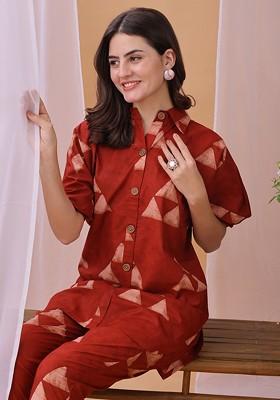 Red Printed Top Ith Trousers Coords