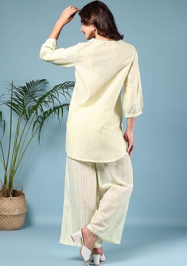 Green Printed Round Neck Pure Cotton Shirt And Trousers - Indya