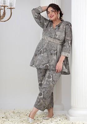 Grey Plus Size Printed Vneck Tunic With Trousers