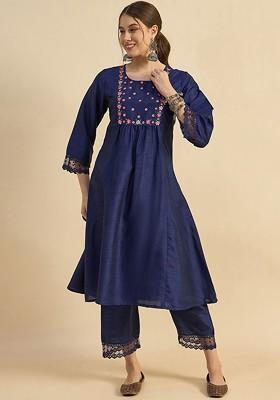 Blue Embroidered Tunic With Trousers Coords