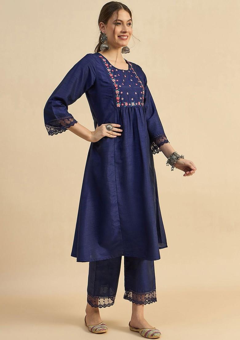 Blue Embroidered Tunic With Trousers Coords - Indya