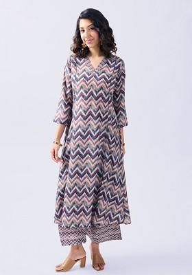 Brown Chevron Printed Vneck Threequarter Sleeves Top With Palazzo