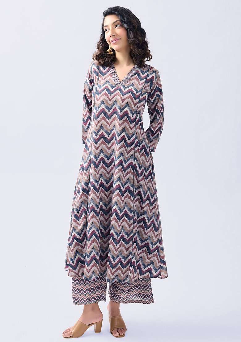 Brown Chevron Printed Vneck Threequarter Sleeves Top With Palazzo - Indya