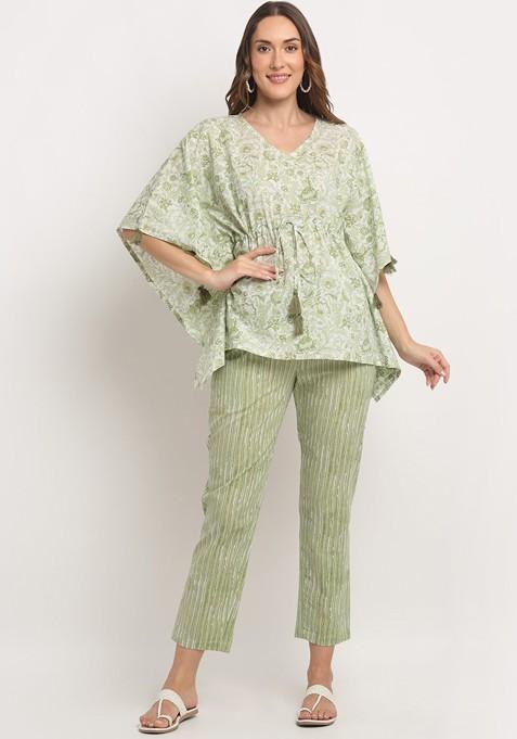 Green Floral Printed Kaftan Top With Trousers