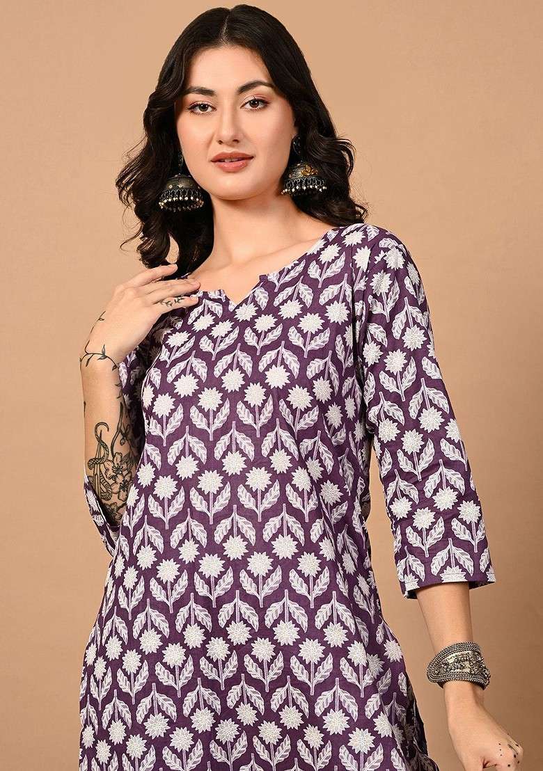 Purple Printed Pure Cotton Top Ith Trouser - Indya