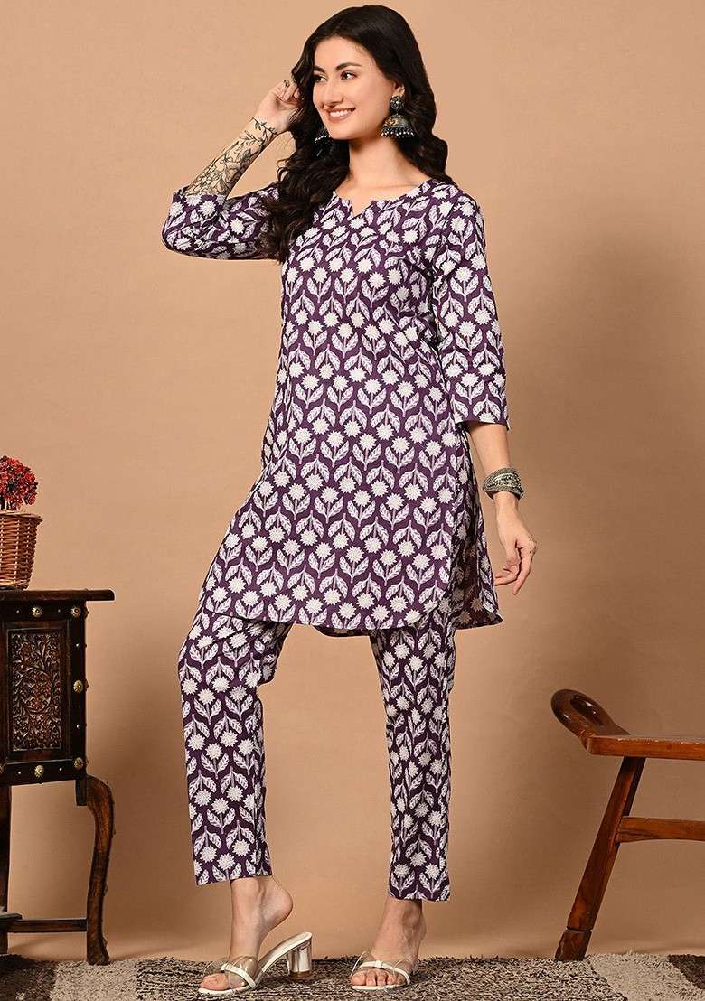 Purple Printed Pure Cotton Top Ith Trouser - Indya