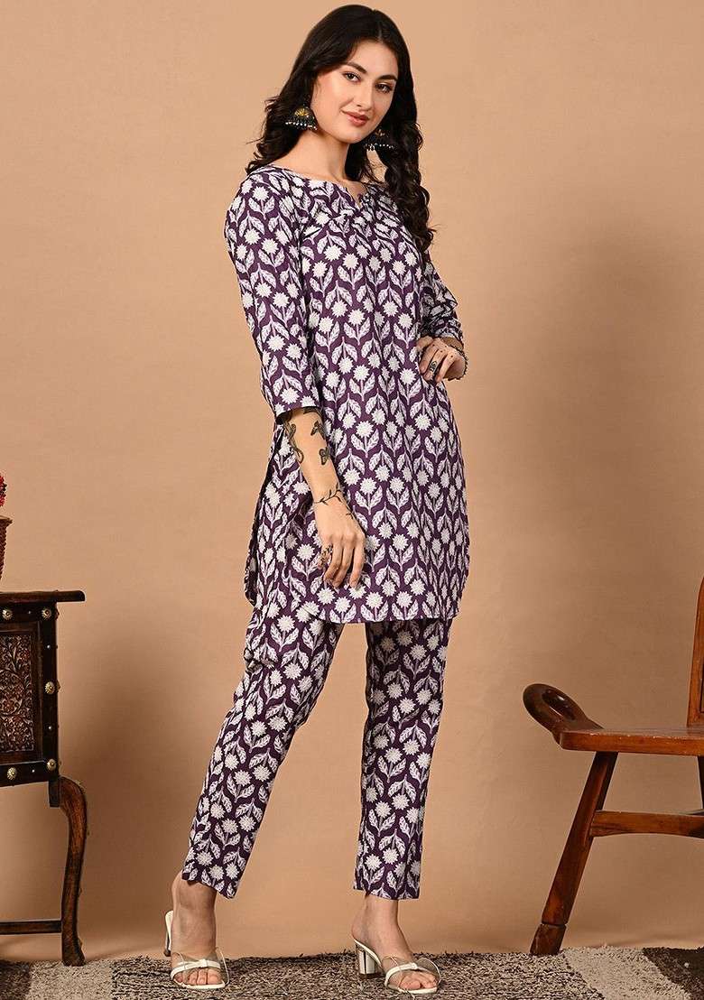 Purple Printed Pure Cotton Top Ith Trouser - Indya