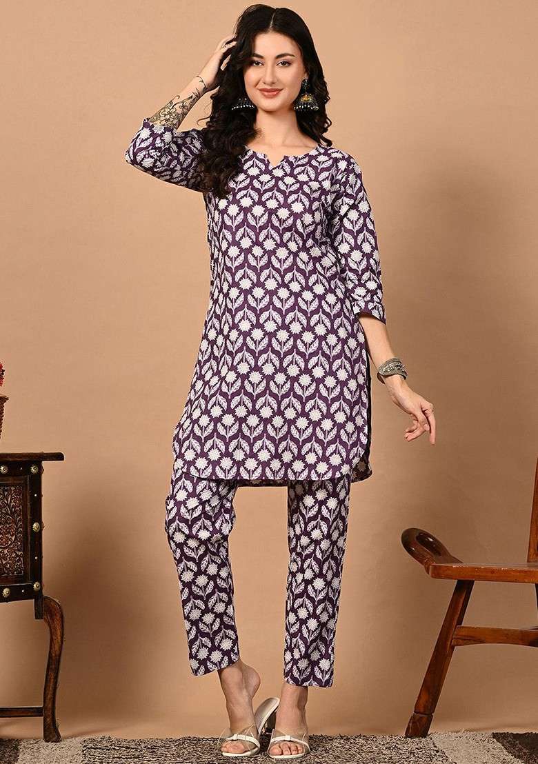 Purple Printed Pure Cotton Top Ith Trouser - Indya