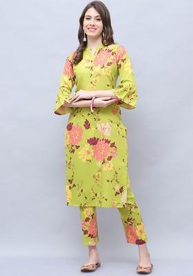 Green Floral Printed Mandarin Collar Pure Cotton Tunic With Trouser