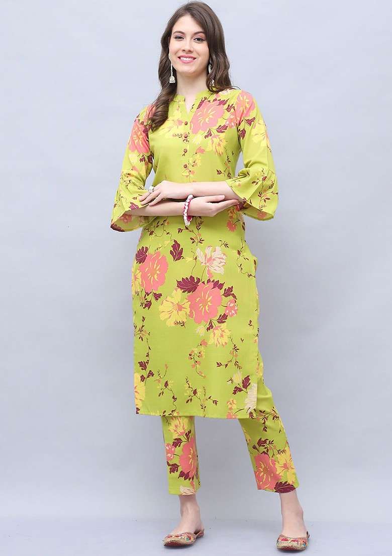Green Floral Printed Mandarin Collar Pure Cotton Tunic With Trouser - Indya
