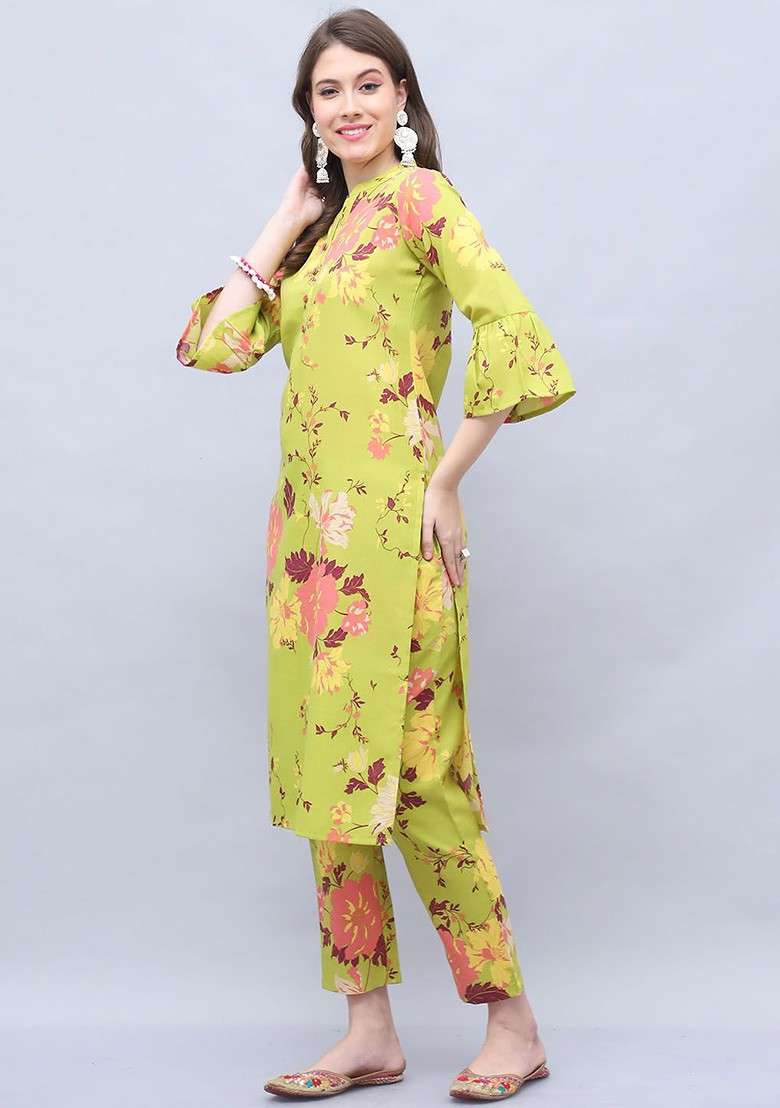 Green Floral Printed Mandarin Collar Pure Cotton Tunic With Trouser - Indya
