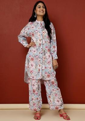 Blue Floral Printed Kurta With Palazzo Coord Set