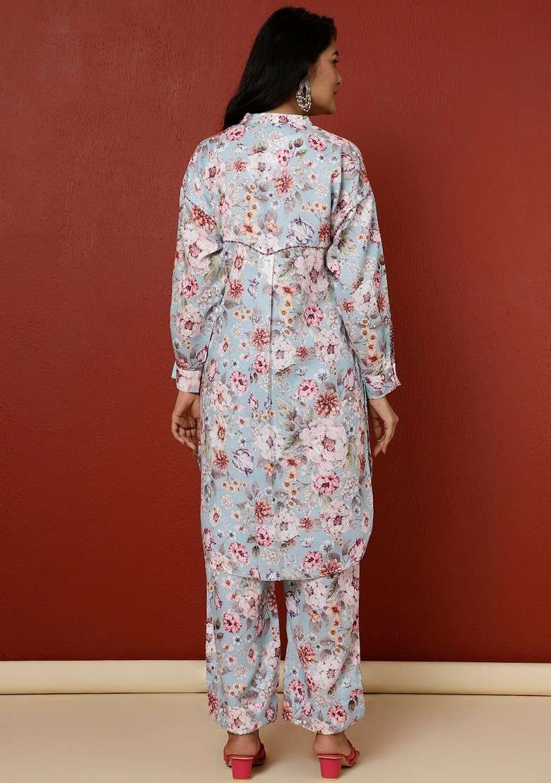 Blue Floral Printed Kurta With Palazzo Coord Set - Indya