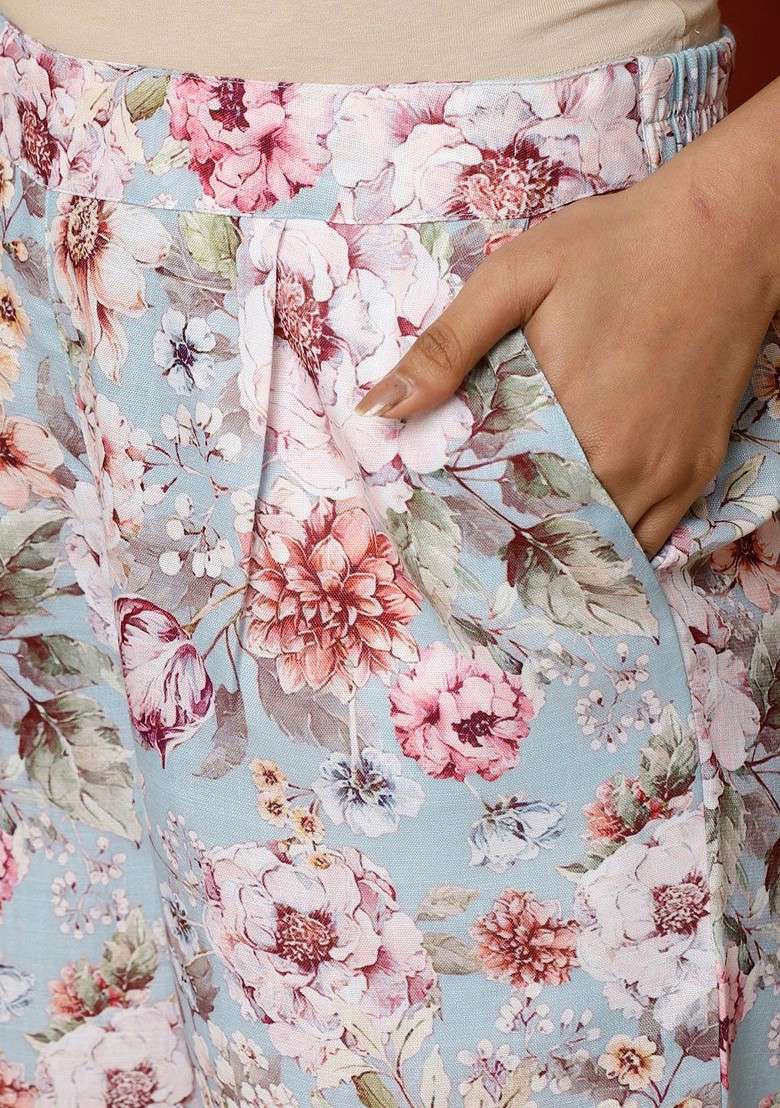 Blue Floral Printed Kurta With Palazzo Coord Set - Indya