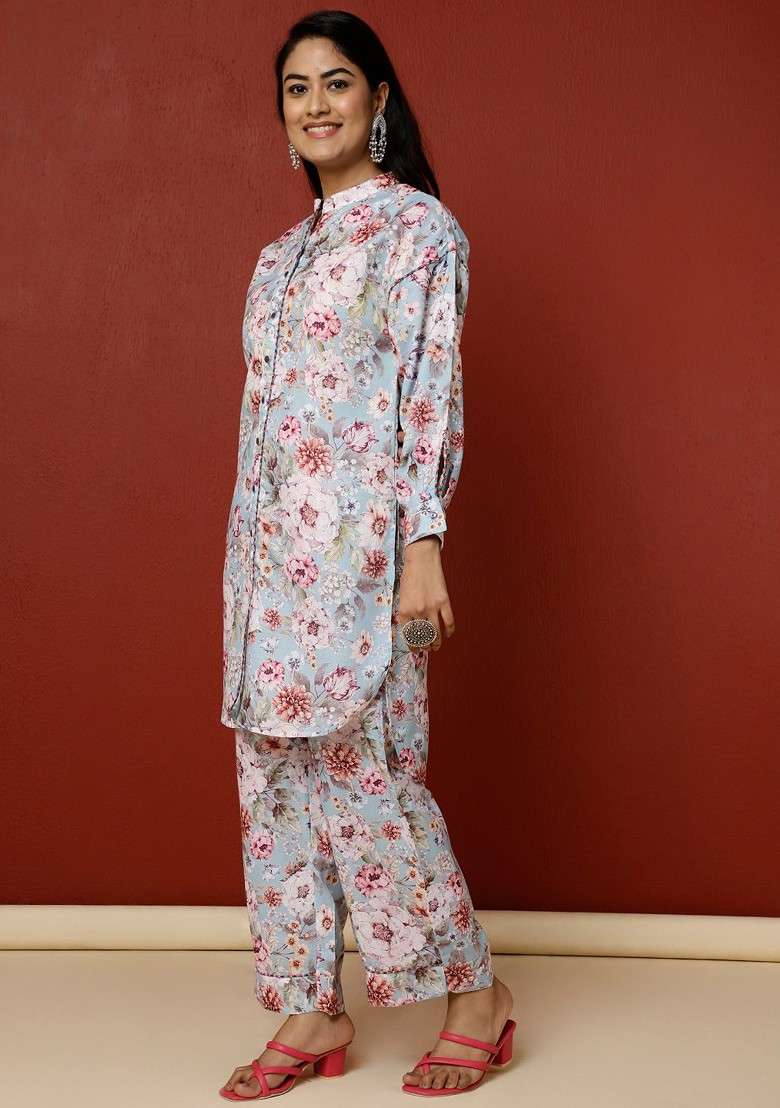 Blue Floral Printed Kurta With Palazzo Coord Set - Indya