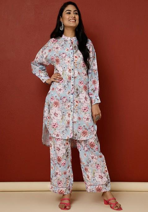 Blue Floral Printed Kurta With Palazzo Coord Set