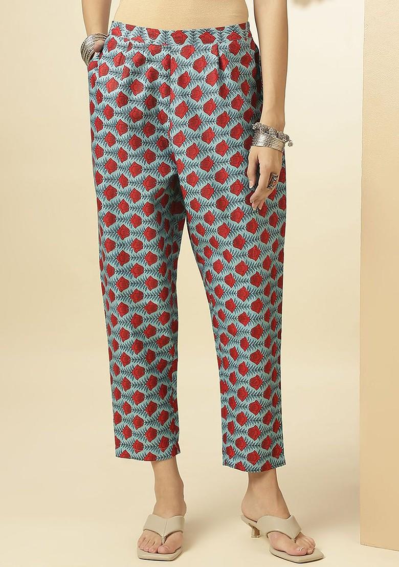 Blue Ethnic Motifs Printed Vneck Threequarter Sleeves Pure Cotton Tunic And Trousers - Indya