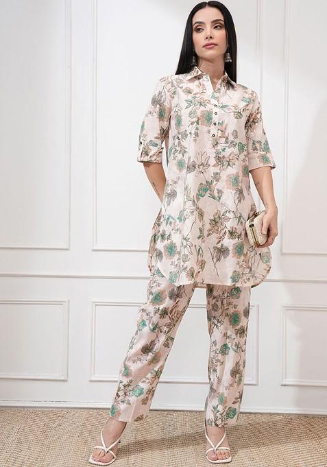 Peach Women Printed Tunic With Regular Pants Coord Set
