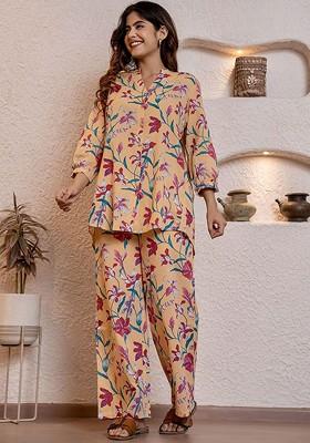 Yellow Floral Printed Vneck Pure Cotton Top Ith Trousers