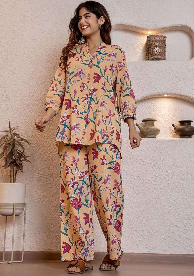 Yellow Floral Printed Vneck Pure Cotton Top Ith Trousers - Indya