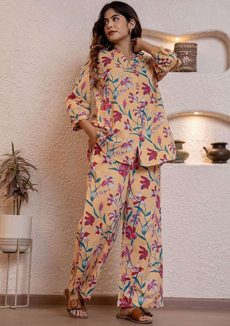Yellow Floral Printed Vneck Pure Cotton Top Ith Trousers - Indya