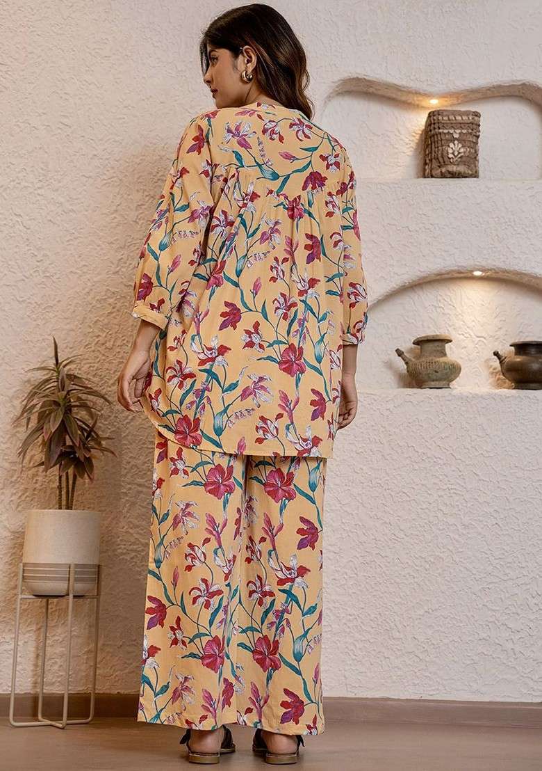Yellow Floral Printed Vneck Pure Cotton Top Ith Trousers - Indya