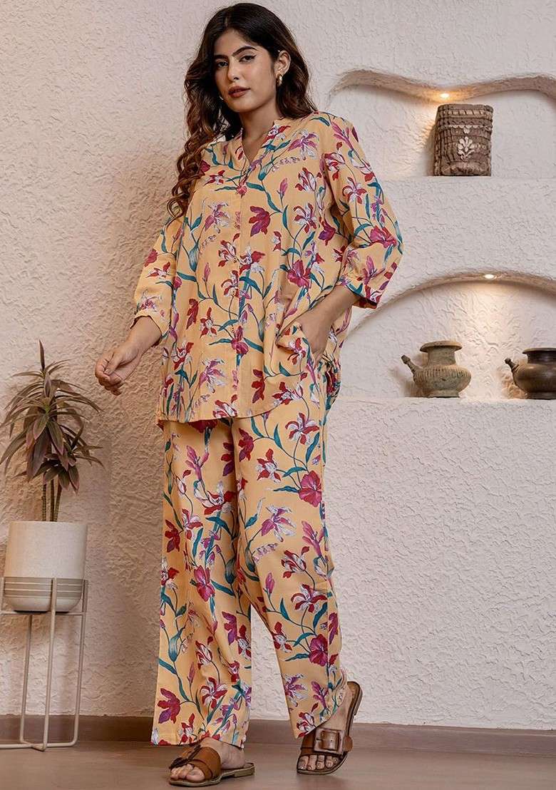 Yellow Floral Printed Vneck Pure Cotton Top Ith Trousers - Indya