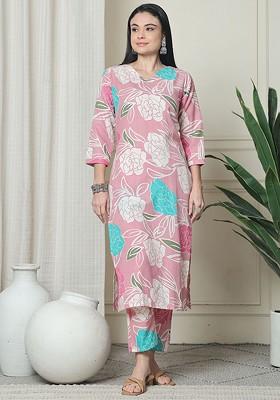 Pink Floral Printed Vneck Pure Cotton Tunic With Trouser
