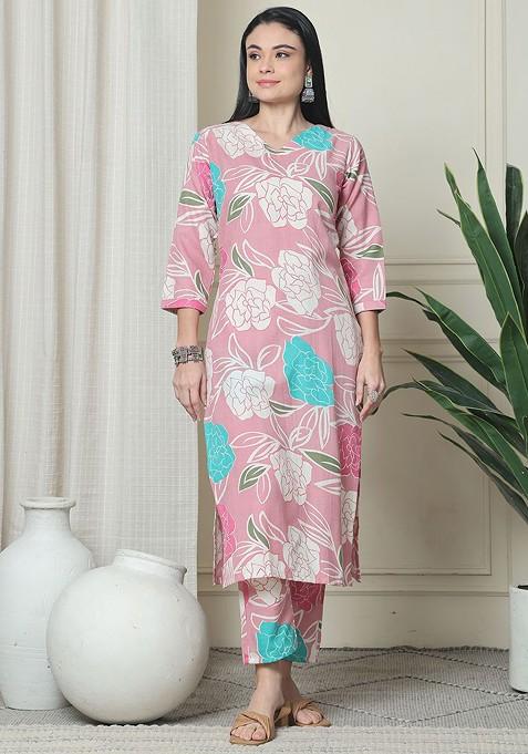 Pink Floral Printed Vneck Pure Cotton Tunic With Trouser