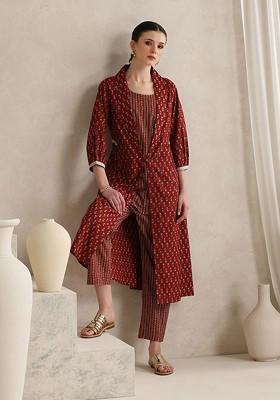 Rust Handblock Printed Cotton Tunic With Trouser And Jacket Coords