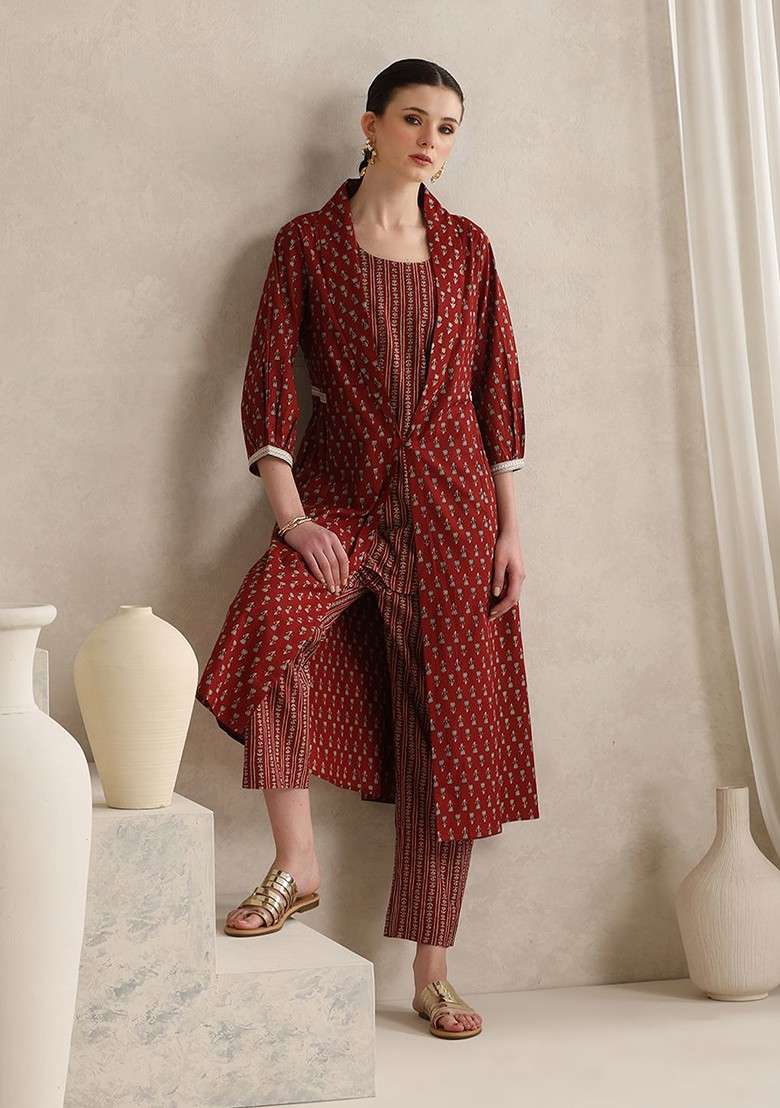 Rust Handblock Printed Cotton Tunic With Trouser And Jacket Coords - Indya