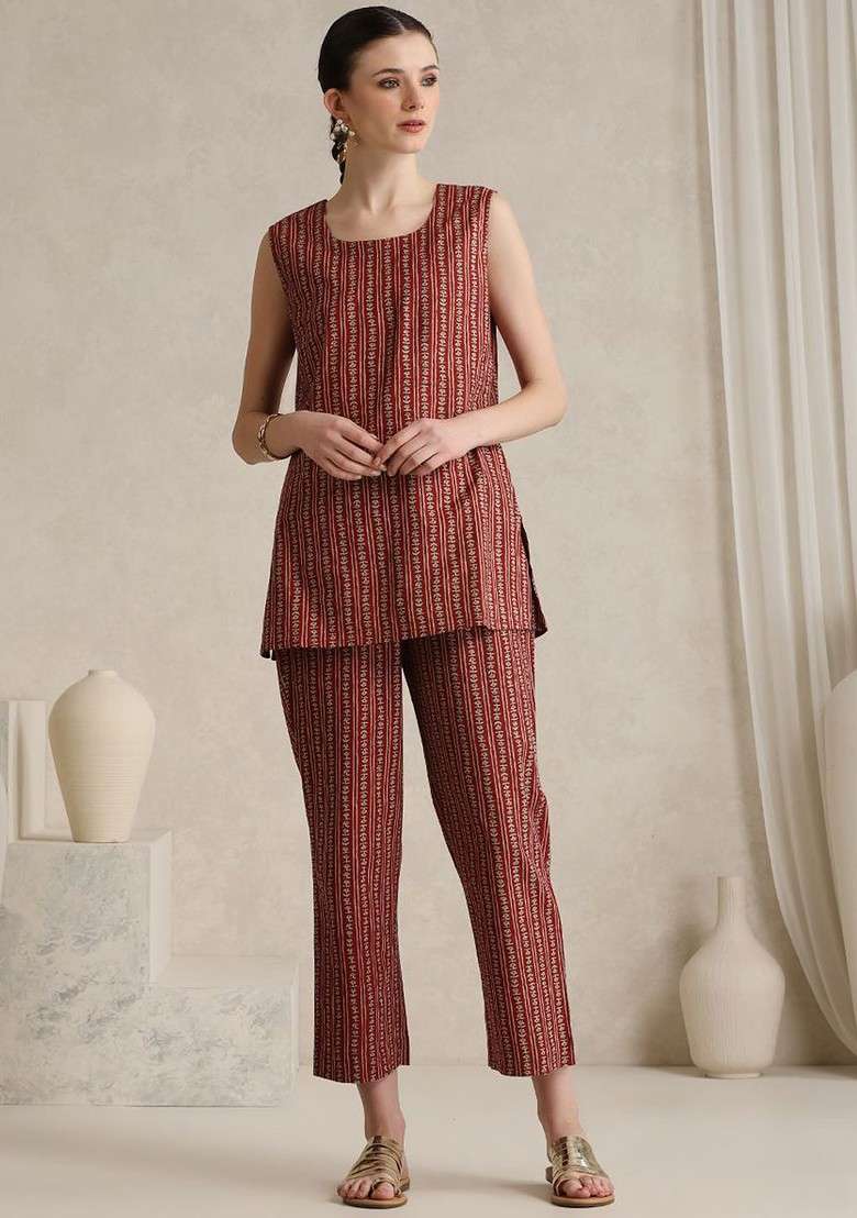 Rust Handblock Printed Cotton Tunic With Trouser And Jacket Coords - Indya