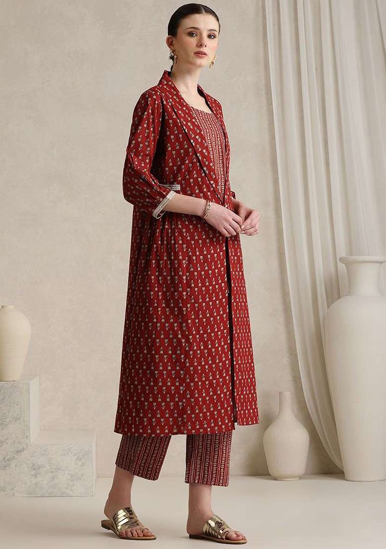 Rust Handblock Printed Cotton Tunic With Trouser And Jacket Coords - Indya