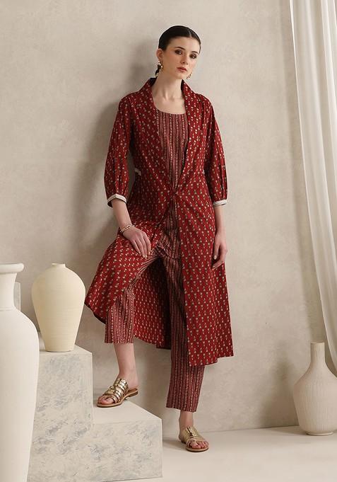 Rust Handblock Printed Cotton Tunic With Trouser And Jacket Coords