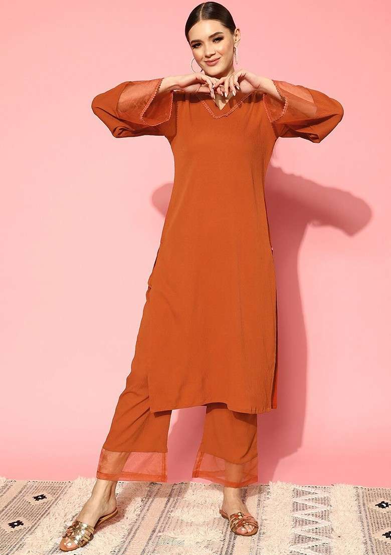 Rust Straight Kurta With Trousers Set - Indya