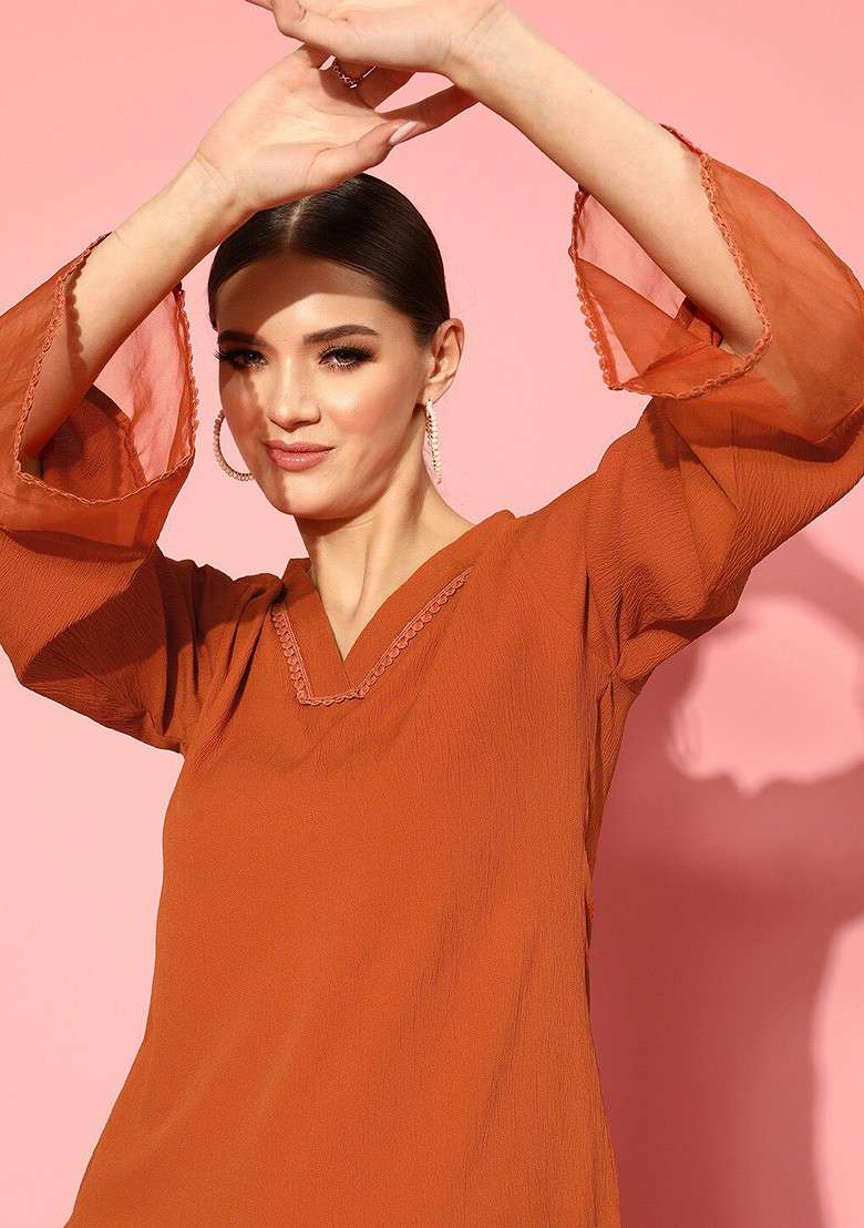 Rust Straight Kurta With Trousers Set - Indya