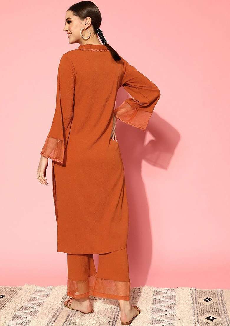 Rust Straight Kurta With Trousers Set - Indya