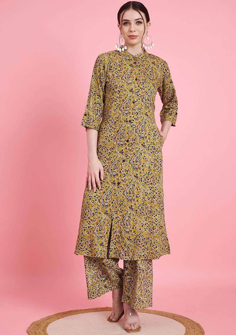 Green Floral Printed Mandarin Collar Threequarter Sleeves Top And Palazzo - Indya