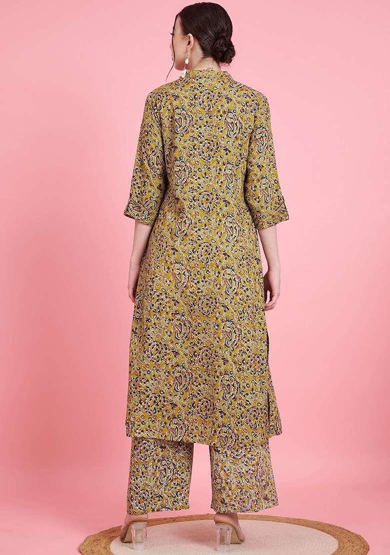Green Floral Printed Mandarin Collar Threequarter Sleeves Top And Palazzo - Indya