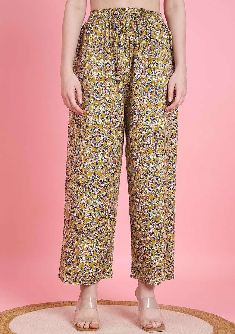 Green Floral Printed Mandarin Collar Threequarter Sleeves Top And Palazzo - Indya