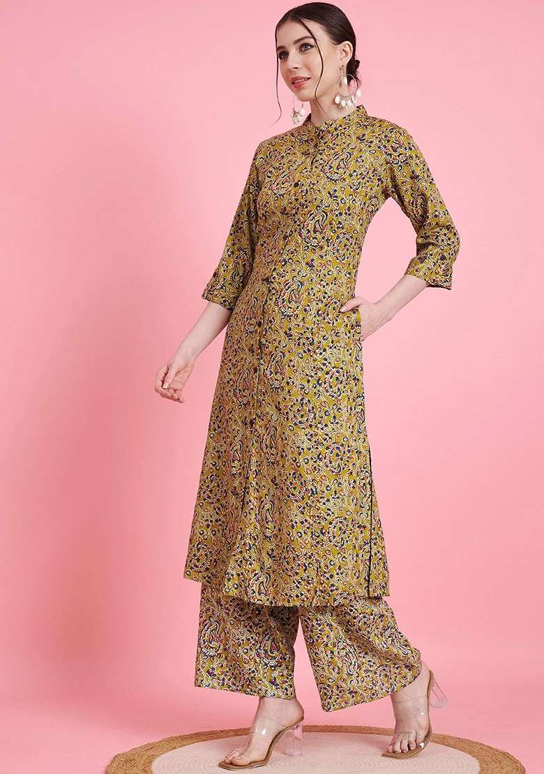 Green Floral Printed Mandarin Collar Threequarter Sleeves Top And Palazzo - Indya