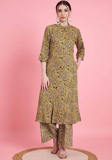 Green Floral Printed Mandarin Collar Threequarter Sleeves Top And Palazzo