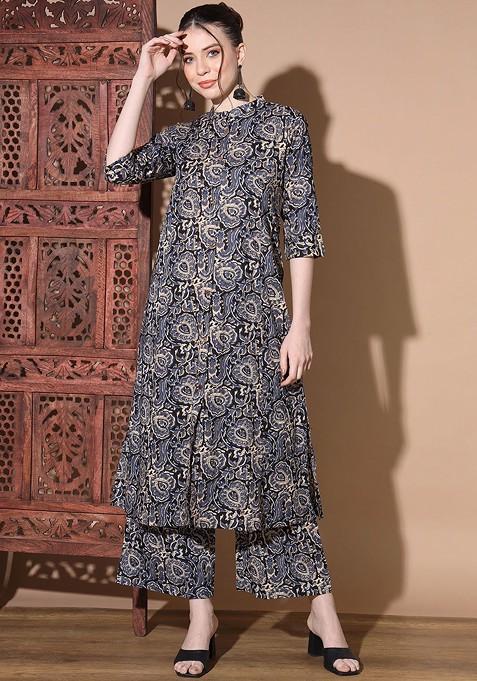 Black Floral Printed Mandarin Collar Kalamkari Straight Top With Palazzos