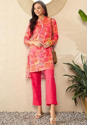 Pink Floral Printed Mandarin Collar Threequarter Sleeves Top With Trouser