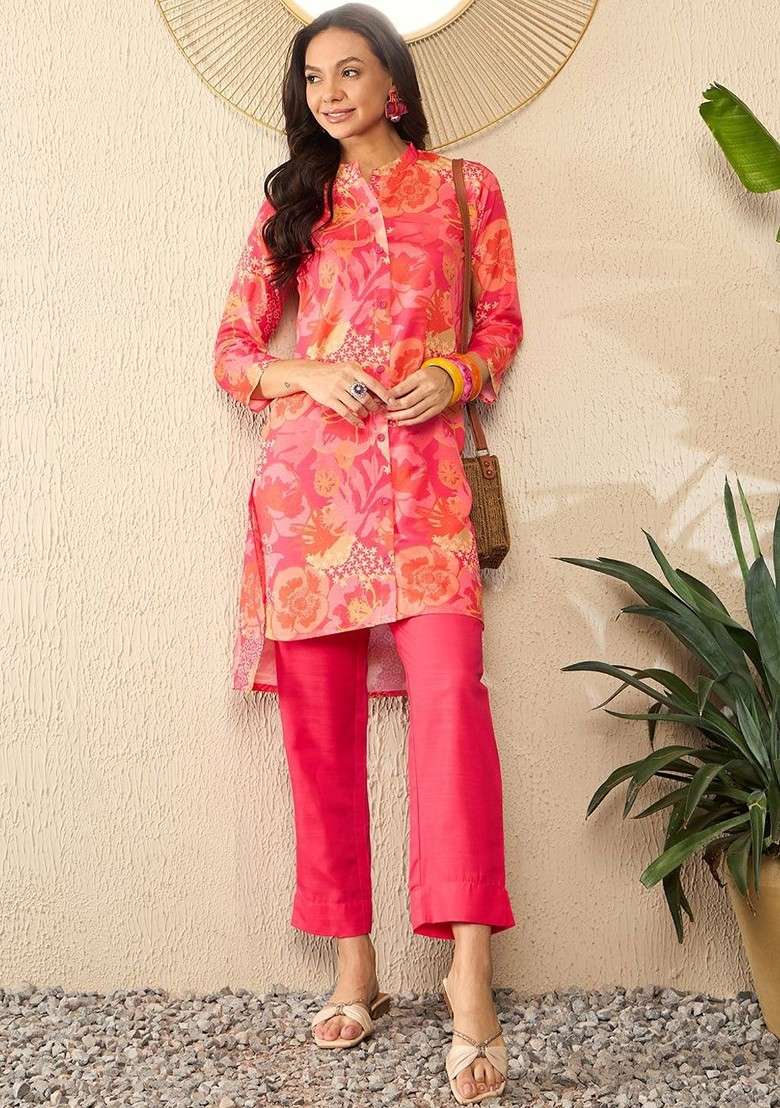 Pink Floral Printed Mandarin Collar Threequarter Sleeves Top With Trouser - Indya