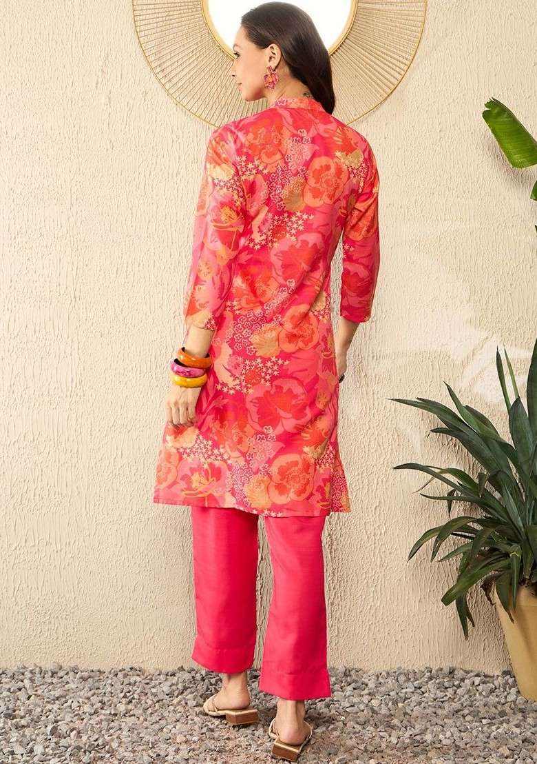 Pink Floral Printed Mandarin Collar Threequarter Sleeves Top With Trouser - Indya