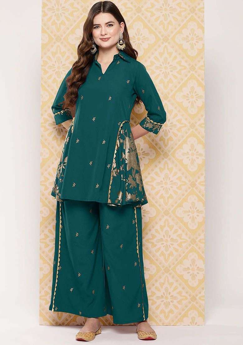 Green Floral Woven Design Shirt Collar Tunic With Palazzo - Indya