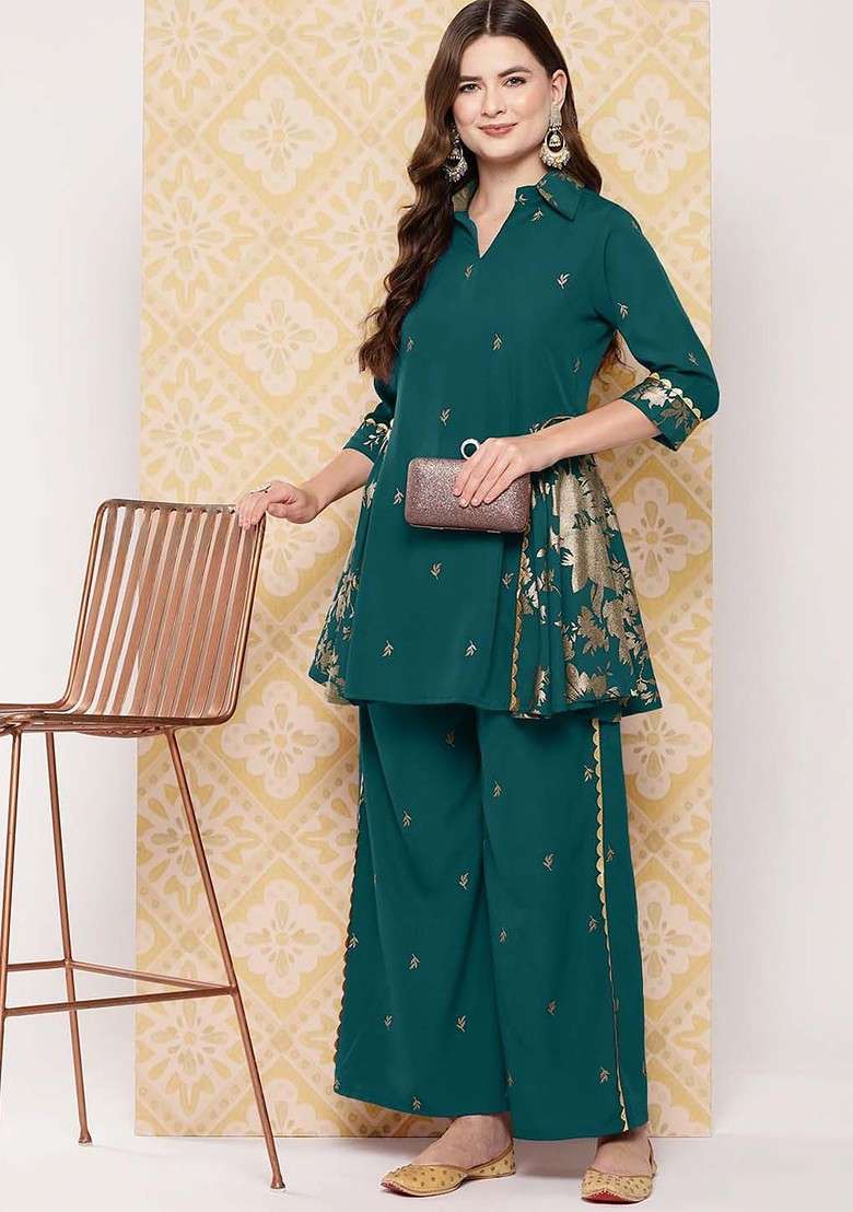 Green Floral Woven Design Shirt Collar Tunic With Palazzo - Indya